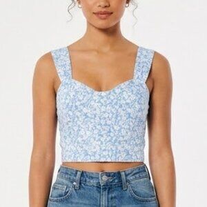 Sim & Sam Blue Floral Puff Sleeve Crop Top Smocked Back Cottagecore Small
